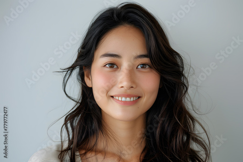 Close up photo portrait of smiling beautiful Japanese woman with long dark hair isolated on white background
