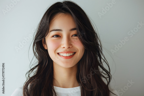 Close up photo portrait of smiling beautiful Japanese woman with long dark hair  isolated on white background