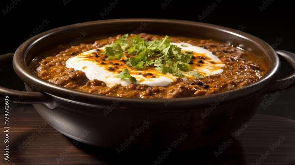 Close view of flavorful dal makhani topped with cream