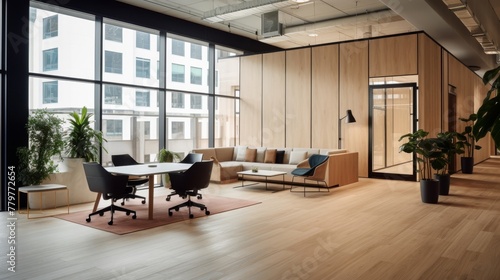 Accessibility features such as ramps, elevators, and wide spaces in an inclusive office design