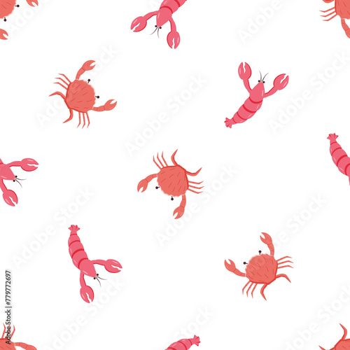 Lobsters and crabs doodle style seamless pattern. Vector illustration of river and marine life. Background delicacies seafood. photo