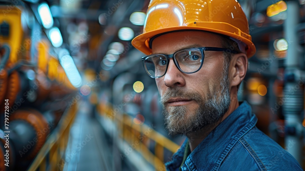A serious-faced engineer wearing a hard hat and glasses stands in an industrial setting with machinery in the background. Generative AI A serious-faced engineer wearing a hard hat and glasses stands in an industrial setting with machinery in the background. Generative AI
