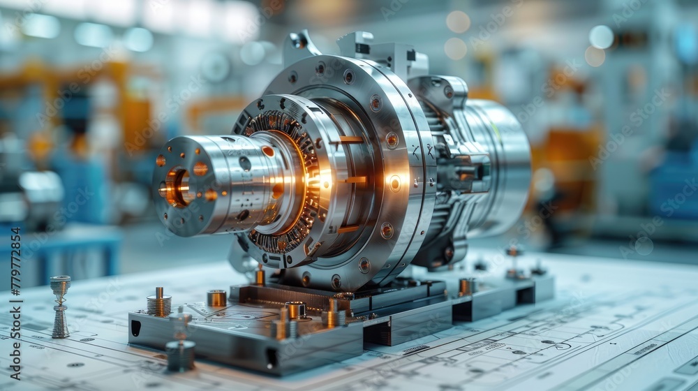 An advanced mechanical assembly gleams atop a detailed technical ...