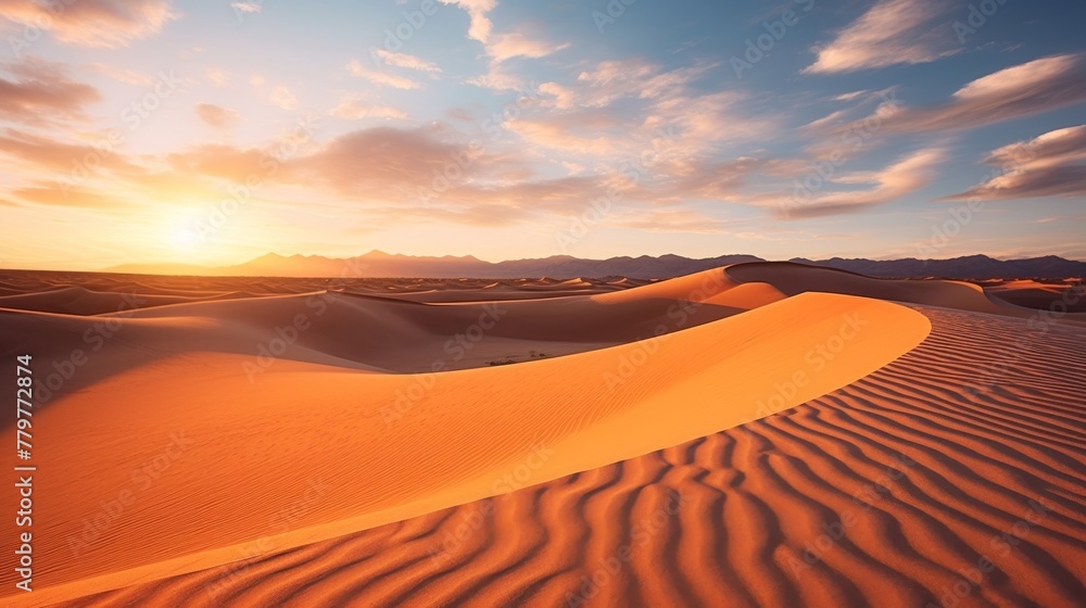 A close up of desert sand dunes, with golden light and shadows at sunset