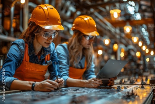 The image depicts female engineers focused on work with laptops in a factory setting, highlighting the role of women in industrial fields