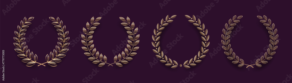 Set of golden laurel wreath. Winner award and achievement heraldry symbol. Vector illustration. Set of golden laurel wreath. Winner award and achievement heraldry symbol. Vector illustration.