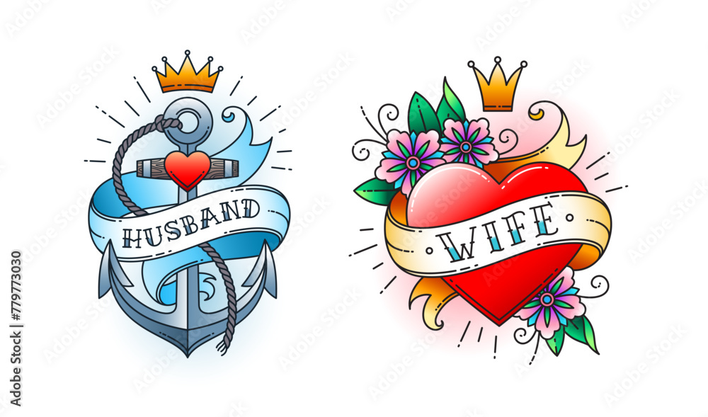 Set of Classic tattoo. Heart with flowers and ribbon with the word wife. Anchor with rope and ribbon with the word husband. Classic old school American retro tattoo. Vector illustration.