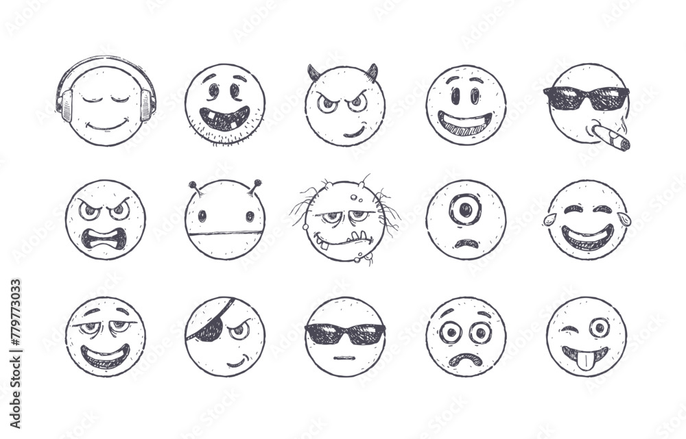 Vector set of Emoji. Hand drawn set of Emoticons. Smile icons. Vector illustration. Vector set of Emoji. Hand drawn set of Emoticons. Smile icons. Vector illustration.