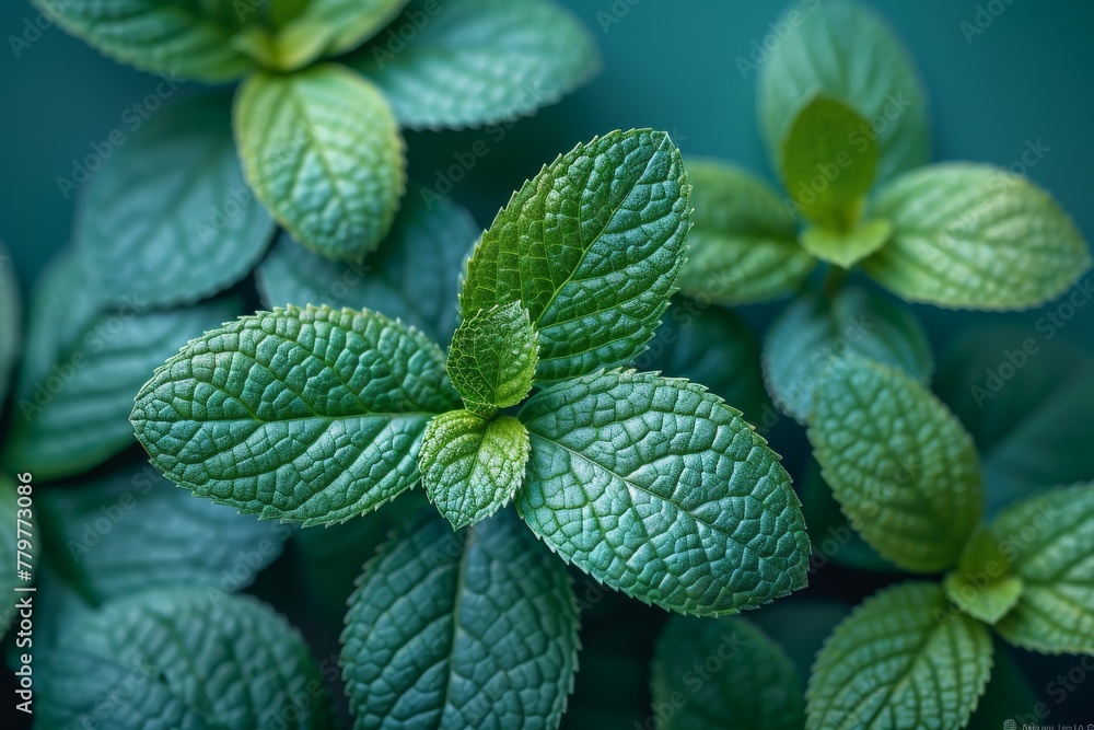 Macro shot showcasing the vibrant green and textured detail of fresh mint leaves, exuding freshness Macro shot showcasing the vibrant green and textured detail of fresh mint leaves, exuding freshness