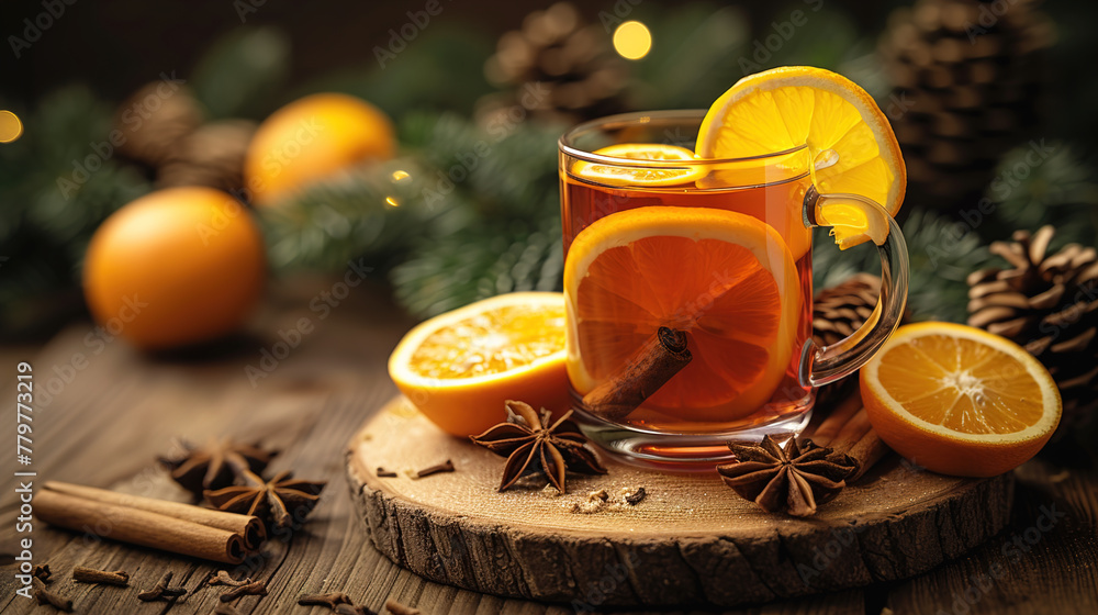 Mulled wine garnished with orange slices, cinnamon, and anise, on a weathered wooden surface Mulled wine garnished with orange slices, cinnamon, and anise, on a weathered wooden surface