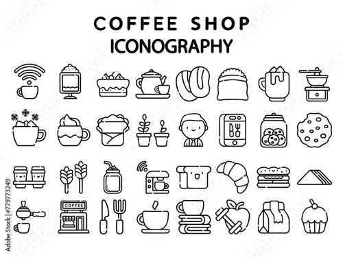 Set of coffee shop related vector icons. Contains such Icons as cake & bakery, restaurant, dish, silverware, bundle of coffee machine, beverage with cream and more. Pixel perfect