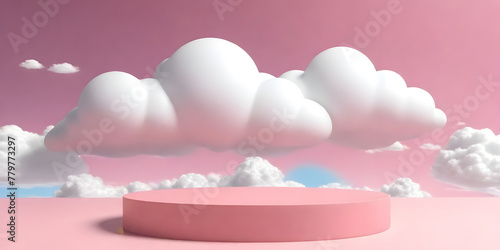A pink podium. A pink and white cloud hovers in the sky, showcasing its delicate colors and fluffy texture