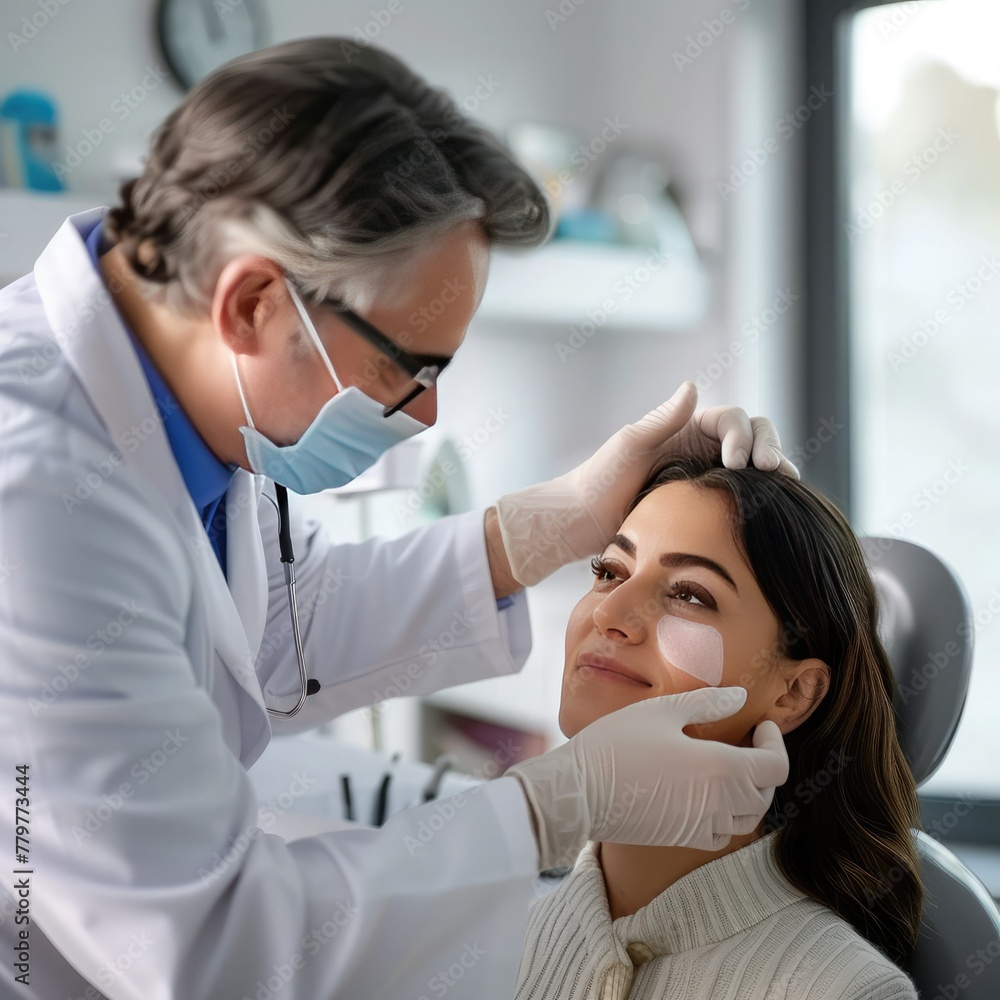 A doctor performing a skin examination during a dermatology appointment. A doctor performing a skin examination during a dermatology appointment.