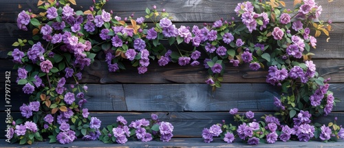 On shabby wooden planks, lilacs with wild roses. A background of roses.