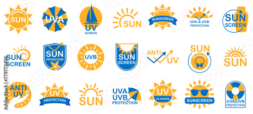 Sunscreen logo set. Spf icon set. spf isolated logo collection