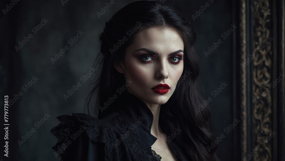 In the center of the frame stands a striking exotic grandiose vampire, her porcelain skin contrasting against the sleek black ensemble she wears with elegant simplicity.