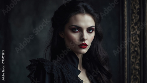 In the center of the frame stands a striking exotic grandiose vampire, her porcelain skin contrasting against the sleek black ensemble she wears with elegant simplicity.