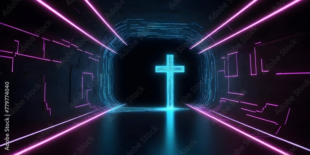 A physical cross positioned at the center of a tunnel, surrounded by darkness and echoing emptiness A physical cross positioned at the center of a tunnel, surrounded by darkness and echoing emptiness