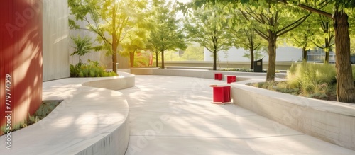 Peaceful courtyard walkway with trees and modern seating.