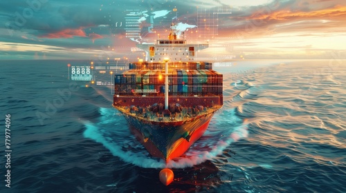 Container Ship in Global Data Sea