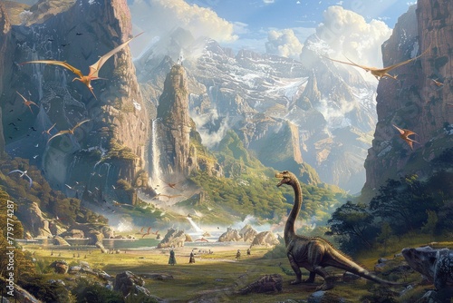 Prehistoric scene with dinosaurs in a lush valley with soaring mountains and birds in the sky photo