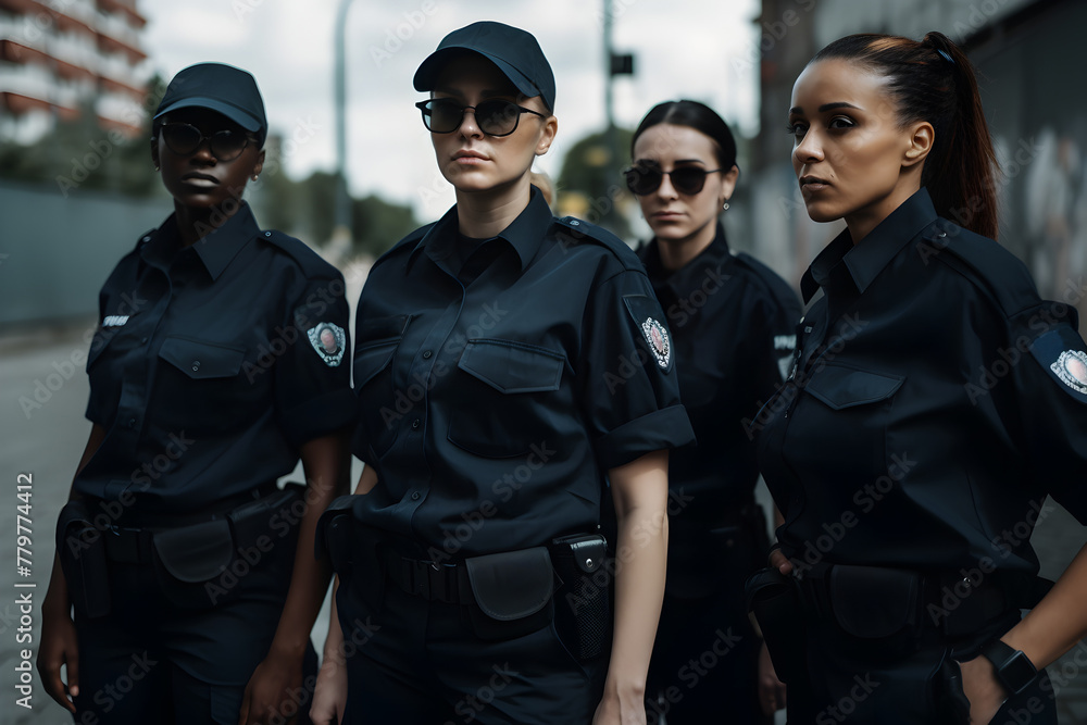 Fototapeta premium Four women officers of the law stand together outdoors, exemplifying the principles of diversity and gender equality within the policing profession