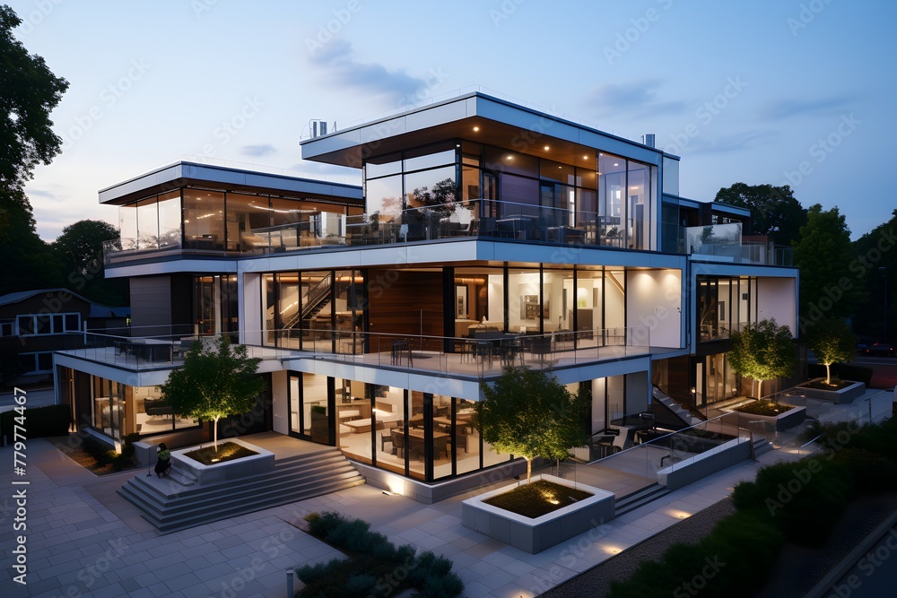 A modern, luxurious house illuminated against the evening sky, showcasing architectural beauty and a harmonious blend of nature and living spaces