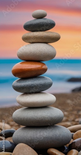 Elegantly stacked stones on a pebble beach with the soft hues of twilight in the background, a serene end to the day AI generation