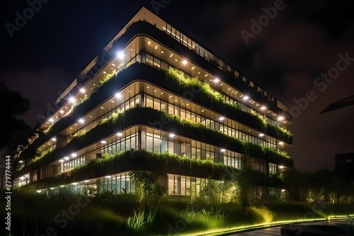 A contemporary structure illuminated in the night  its facade adorned with lush green vertical gardens  showcasing a biophilic architectural approach