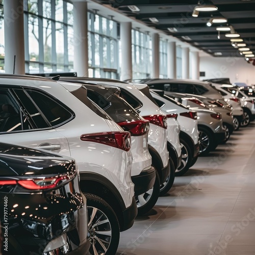 A wide shot of rows of cars neatly lined up in a showroom.  © Radetdararith