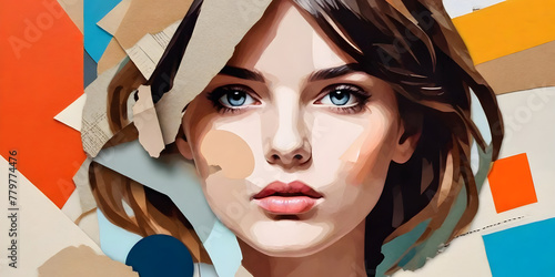 Abstract modern art collage portrait of young woman. Trendy paper collage composition.