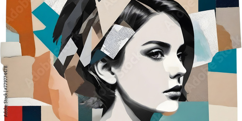 Abstract modern art collage portrait of young woman. Trendy paper collage composition.