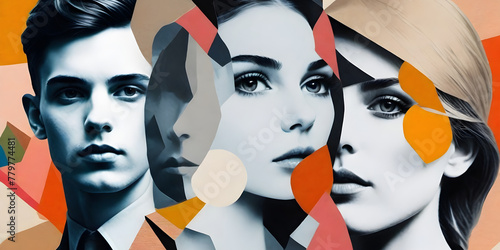 Abstract modern art collage portrait of young woman. Trendy paper collage composition.