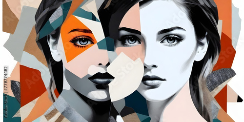 Abstract modern art collage portrait of young woman. Trendy paper collage composition.