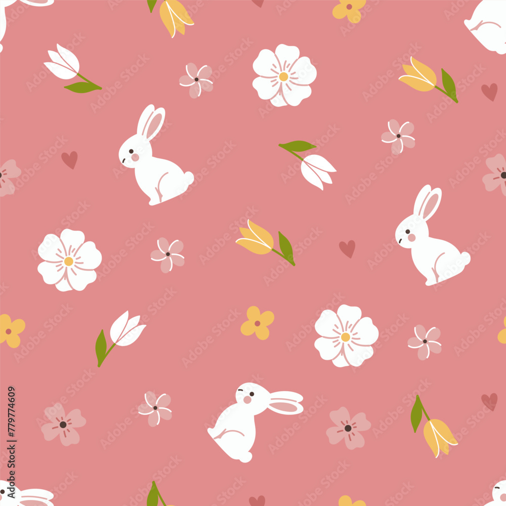 Simple spring seamless pattern with bunnies and flowers. Vector graphics - obrazy, fototapety, plakaty 