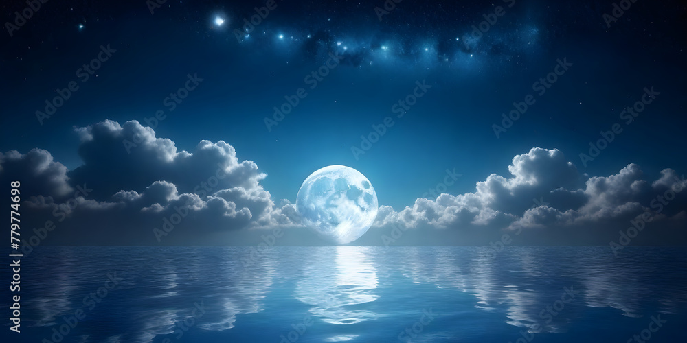 The full moon is shining brightly in the night sky, casting its reflection on the calm surface of the body of water below