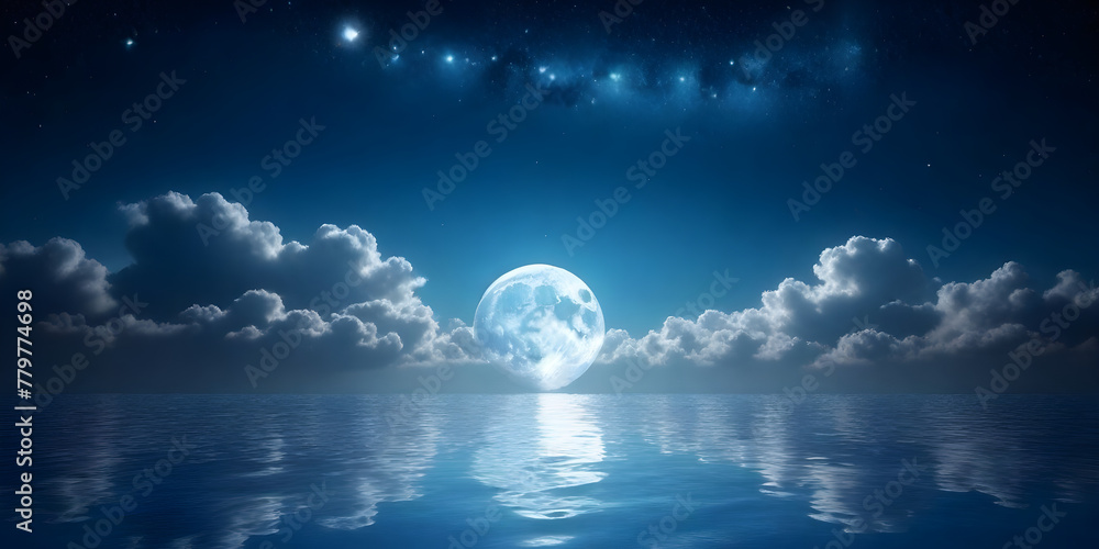 The full moon is shining brightly in the night sky, casting its reflection on the calm surface of the body of water below The full moon is shining brightly in the night sky, casting its reflection on the calm surface of the body of water below