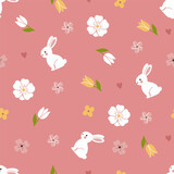 Simple spring seamless pattern with bunnies and flowers. Vector graphics