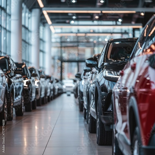 A wide shot of rows of cars neatly lined up in a showroom. 