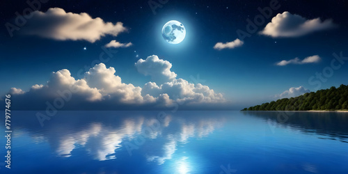 The full moon is shining brightly in the night sky, casting its reflection on the calm surface of the body of water below