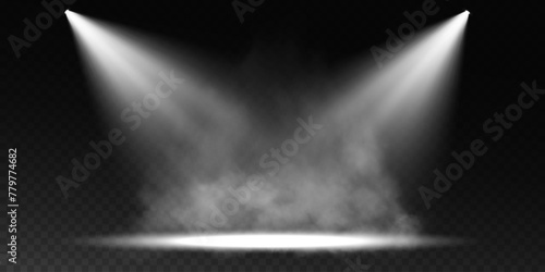 Dark stage on transparent background, white light from spotlight, empty dark stage and studio room with floating smoke. For product demonstrations.	