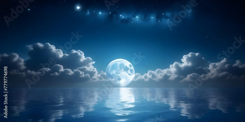 The full moon is shining brightly in the night sky, casting its reflection on the calm surface of the body of water below