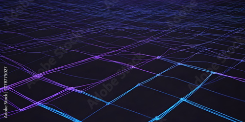 Blue background with intersecting lines and dots in various sizes and arrangements. Digital Technology Concept