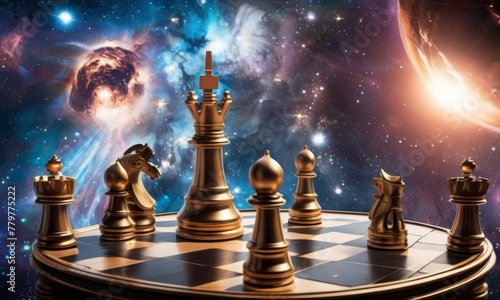 Strategic chess pieces poised for battle on a cosmic stage, suggesting advanced tactics against a universe-themed background. AI generation
