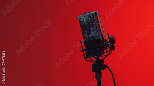 A microphone is on a red background