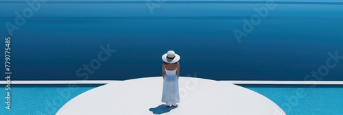 Experience a moment of profound tranquility as a woman rests by the sea, her gaze fixed on the vast expanse of water, where serenity meets the horizon. photo