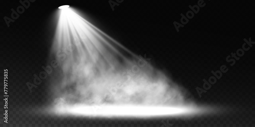 Dark stage on transparent background, white light from spotlight, empty dark stage and studio room with floating smoke. For product demonstrations.	
