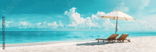 Tranquil beach with sun loungers and parasol against a clear blue sky