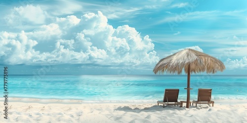 Serene beach scene with chairs under an umbrella and clear blue ocean