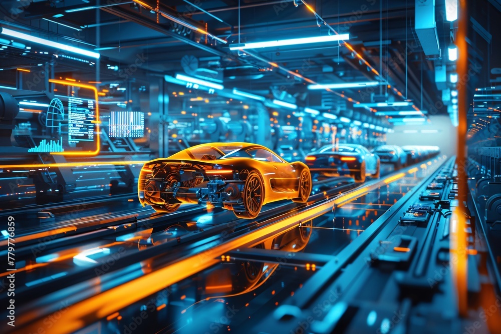 A auto car assembly line in a manufacturing plant, showcasing cars moving along the production line. A auto car assembly line in a manufacturing plant, showcasing cars moving along the production line.